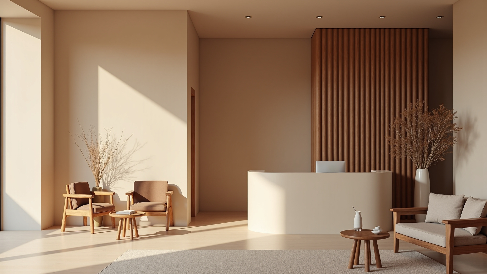 Warm minimal interior of the Elevate lounge